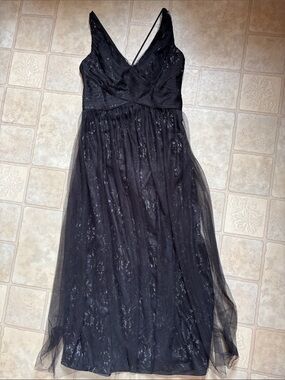 Belsoie Black V-Neck Tulle Overlay Maxi Dress Women’s Size 14